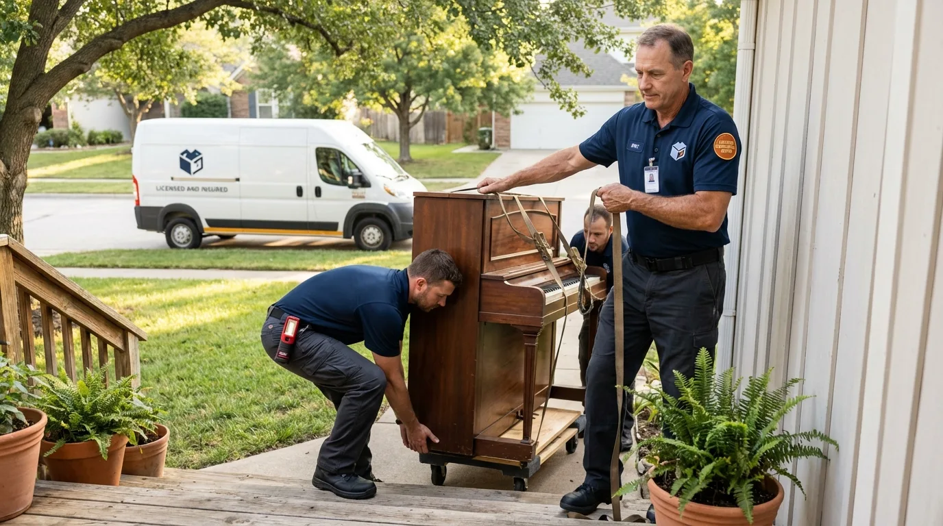 Licensed piano movers securing grand piano in Marlton, NJ