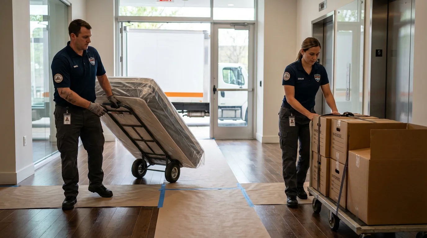 Professional apartment movers loading elevator in Marlton, NJ